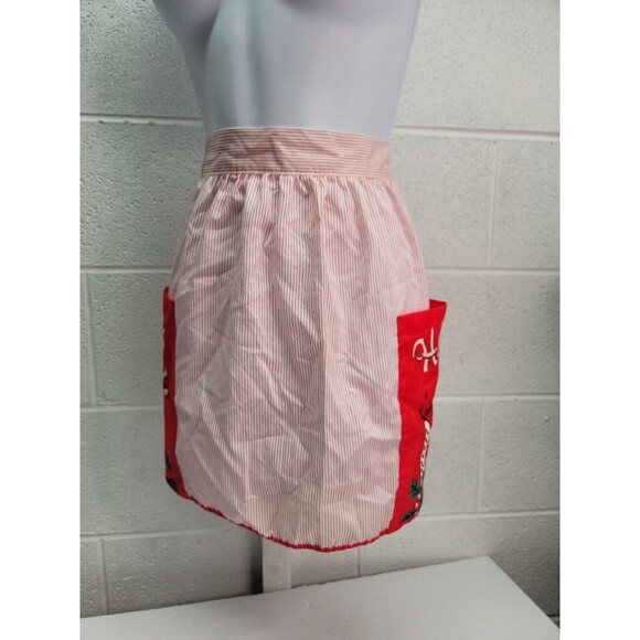 Happy Holiday Half Apron With Two Pockets Red Stripes Handmade Vintage - Picture 1 of 6